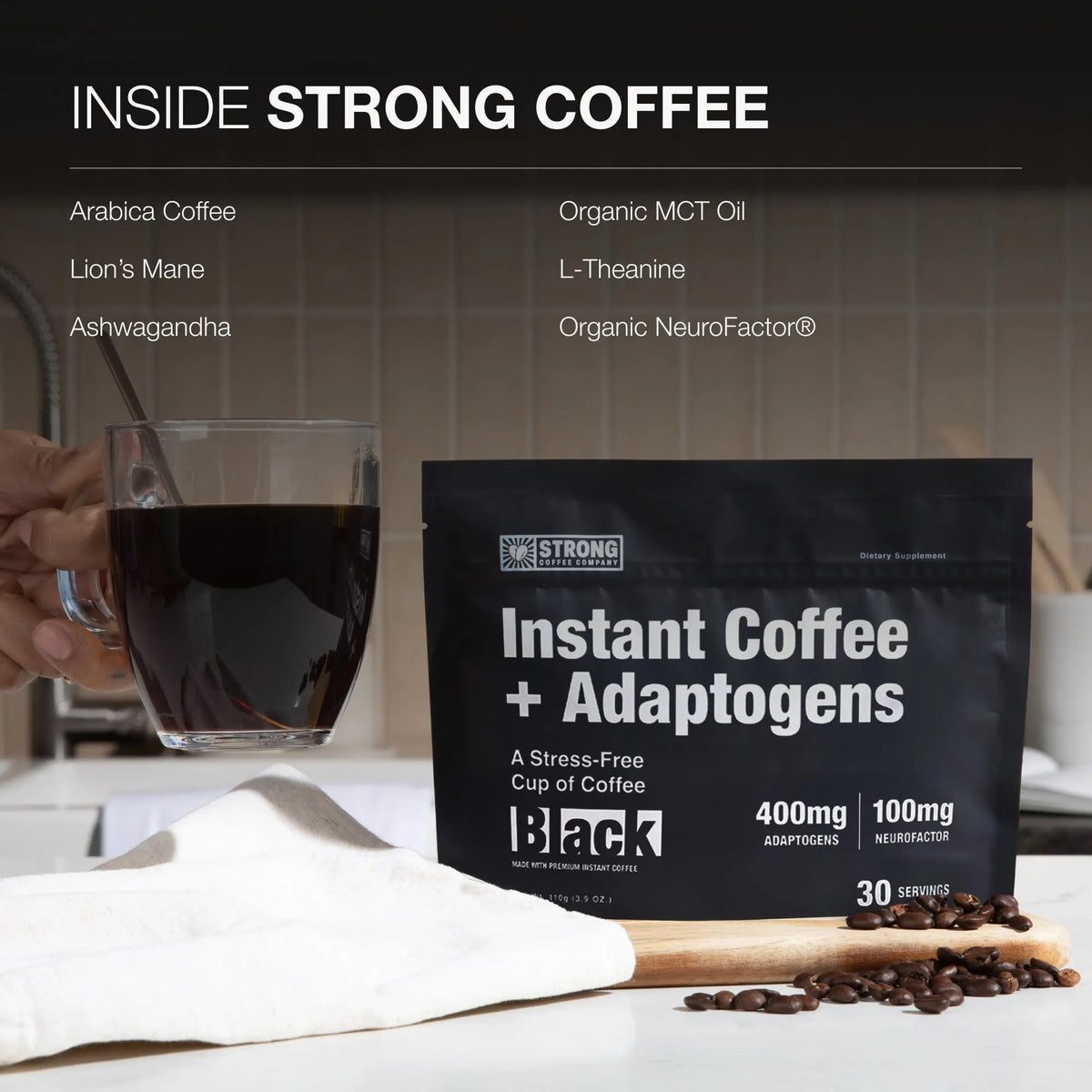 STRONG Coffee Instant Coffee plus Adaptogens Black 30 serving bag with lions mane ashwagandha L-theanine and NeuroFactor ingredients