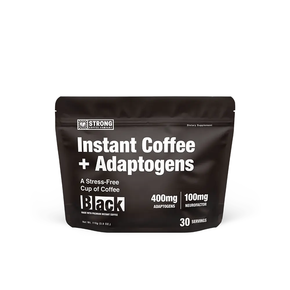 A package of BLACK Instant Coffee + Adaptogens by STRONG COFFEE COMPANY with text detailing the product as a stress-free cup, containing adaptogens, and providing 30 servings.