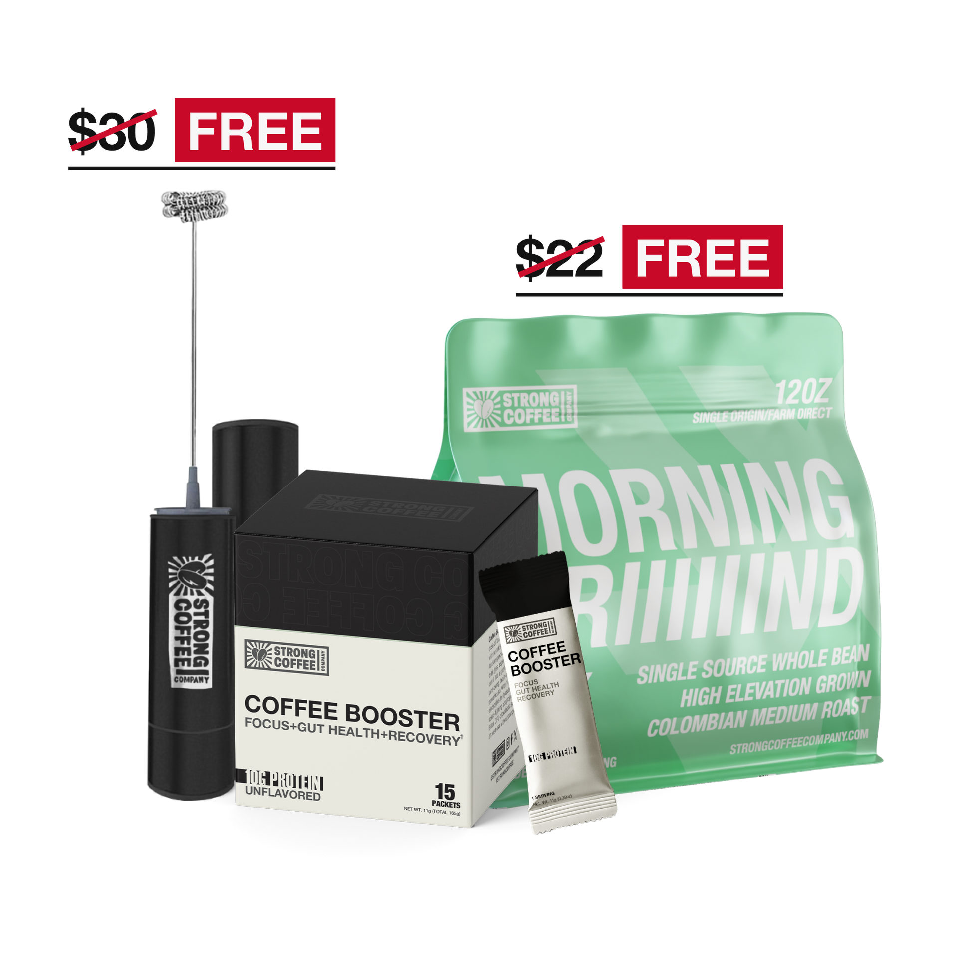The Strong Coffee Company Starter Kit, including a bag of Morning Grind medium roast coffee, a box of Coffee Booster for focus, and a rechargeable frother.