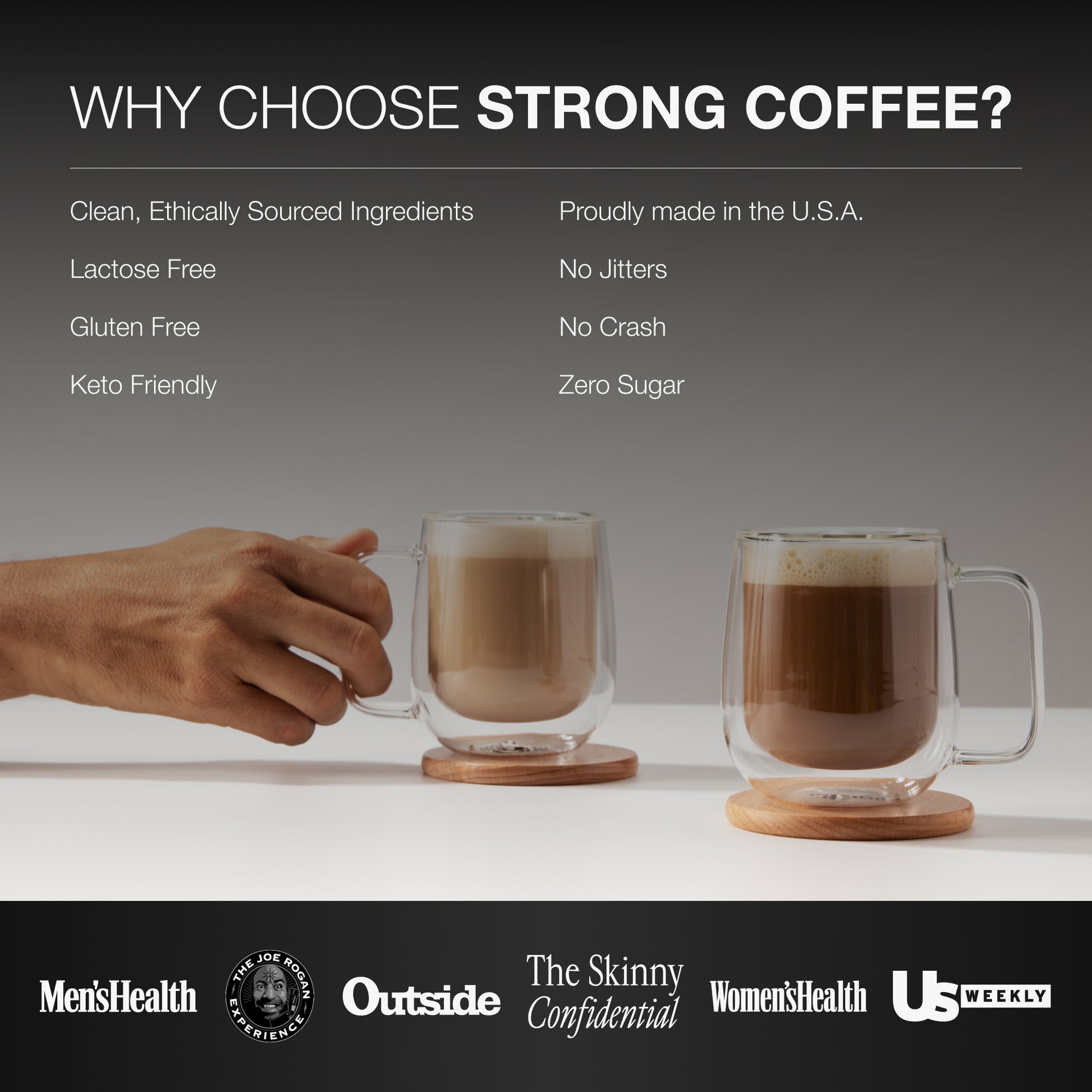 Promotional image of strong coffee with text highlighting benefits and a hand holding a glass mug.