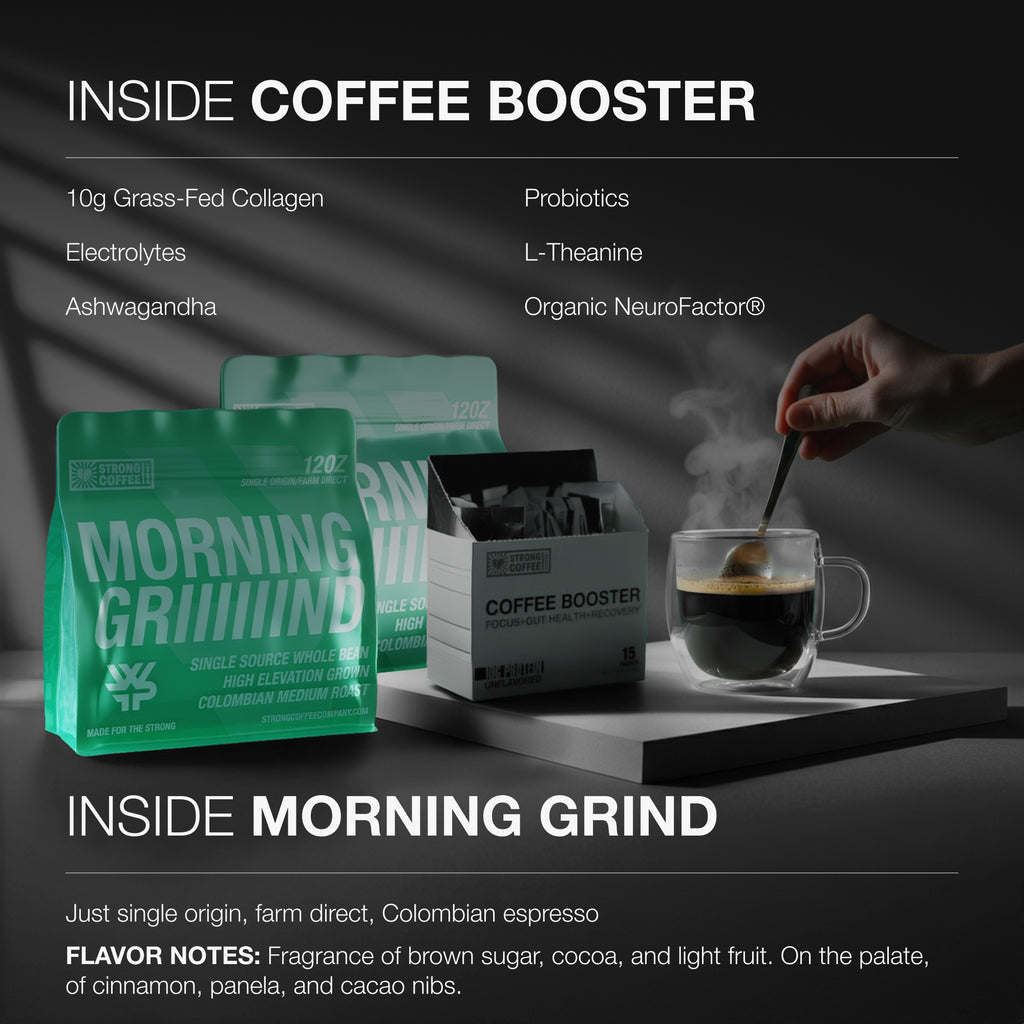 Coffee booster packaging with a cup of coffee and a spoon on a dark background
