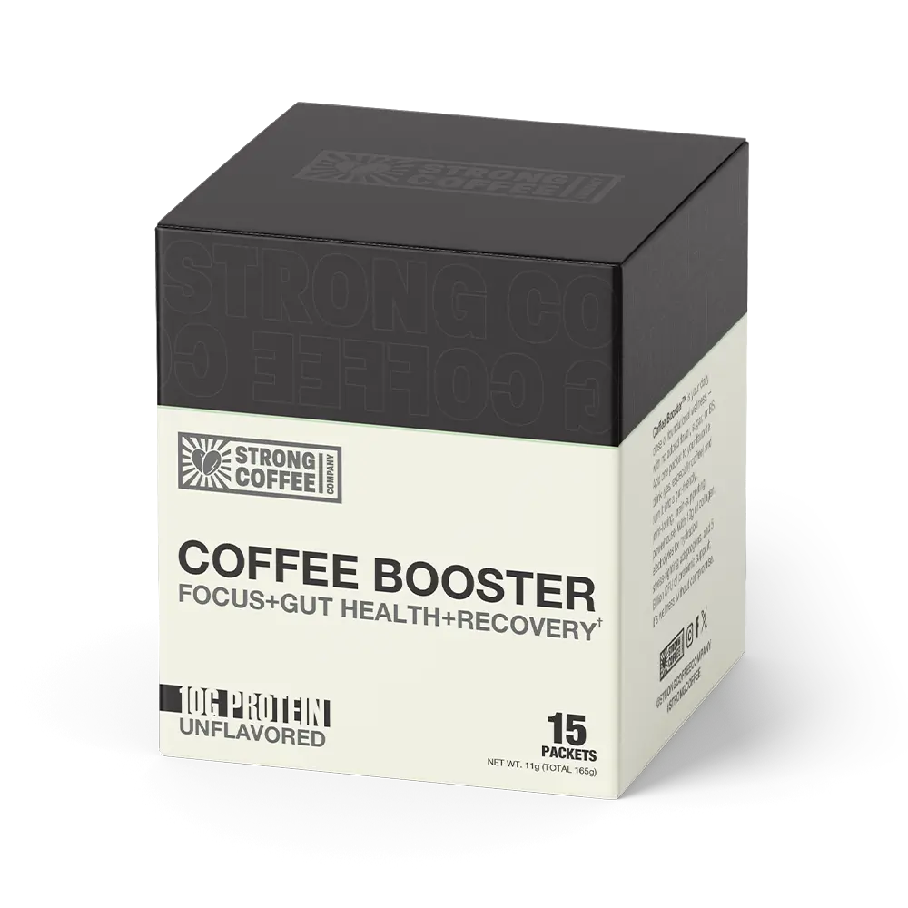 A box of Strong Coffee Company's unflavored Coffee Booster, a supplement with collagen for focus, gut health, and recovery.