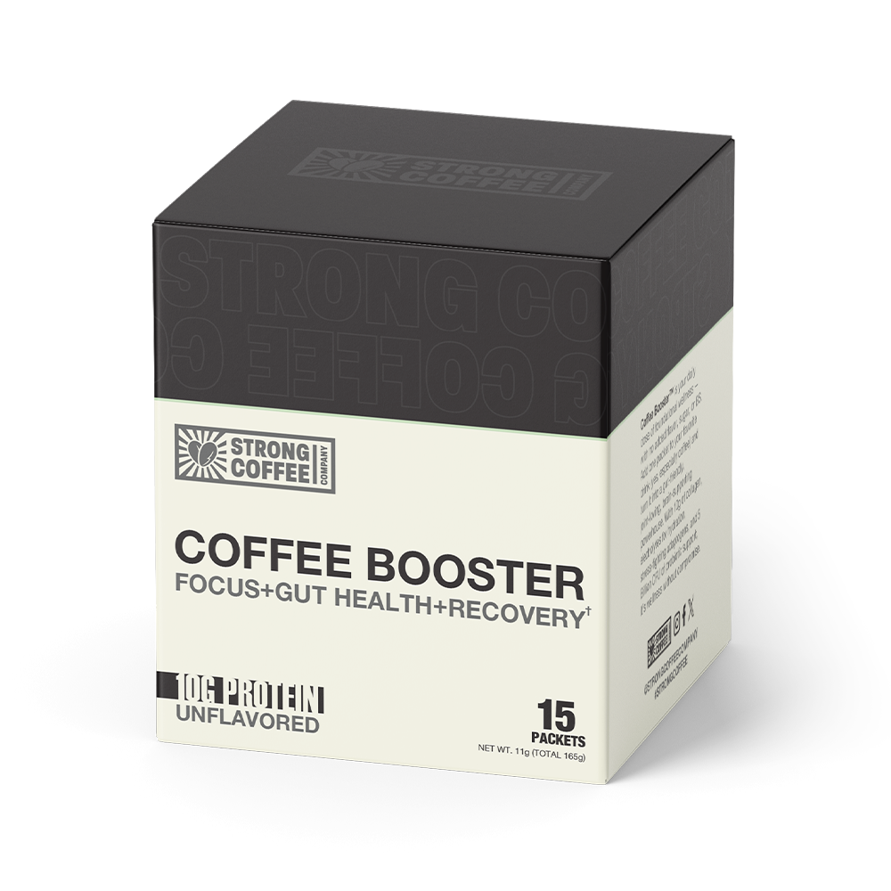 A box of Strong Coffee Company's unflavored Coffee Booster, a supplement with collagen for focus, gut health, and recovery.