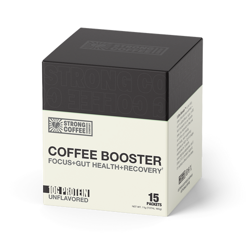 A box of Strong Coffee Company's unflavored Coffee Booster, a supplement with collagen for focus, gut health, and recovery.