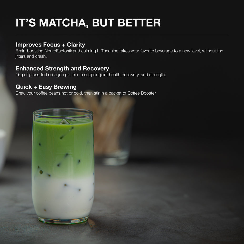 An infographic highlighting the benefits of the Matcha Latte + Collagen, including improved focus with L-Theanine, and enhanced strength and recovery from 15g of grass-fed collagen.
