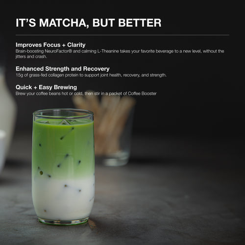 An infographic highlighting the benefits of the Matcha Latte + Collagen, including improved focus with L-Theanine, and enhanced strength and recovery from 15g of grass-fed collagen.