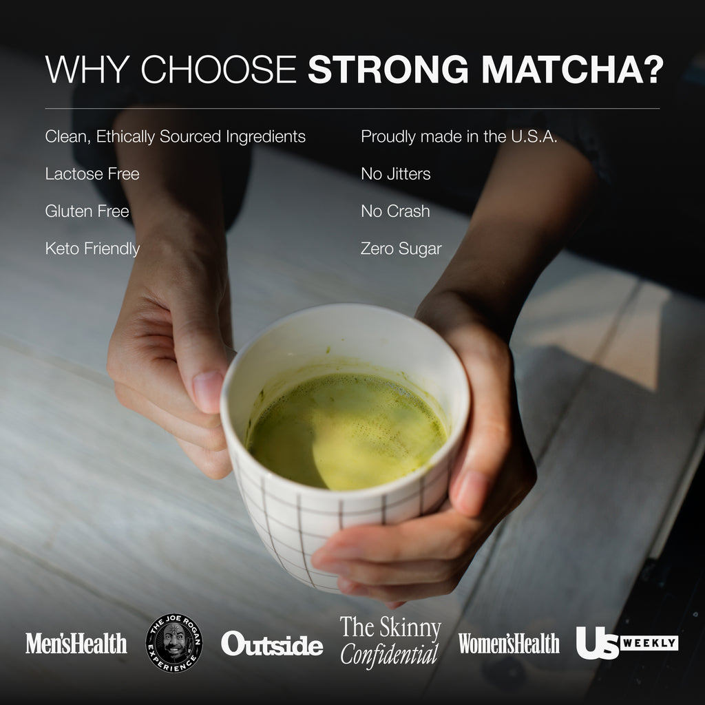 Person holding a cup of matcha with promotional text about Strong Matcha's benefits.