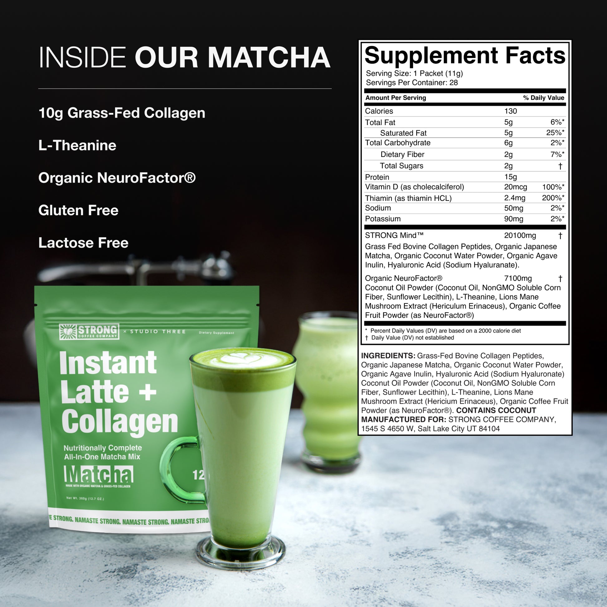 Green Instant Matcha Latte + Collagen package with a glass of matcha and supplement facts label.