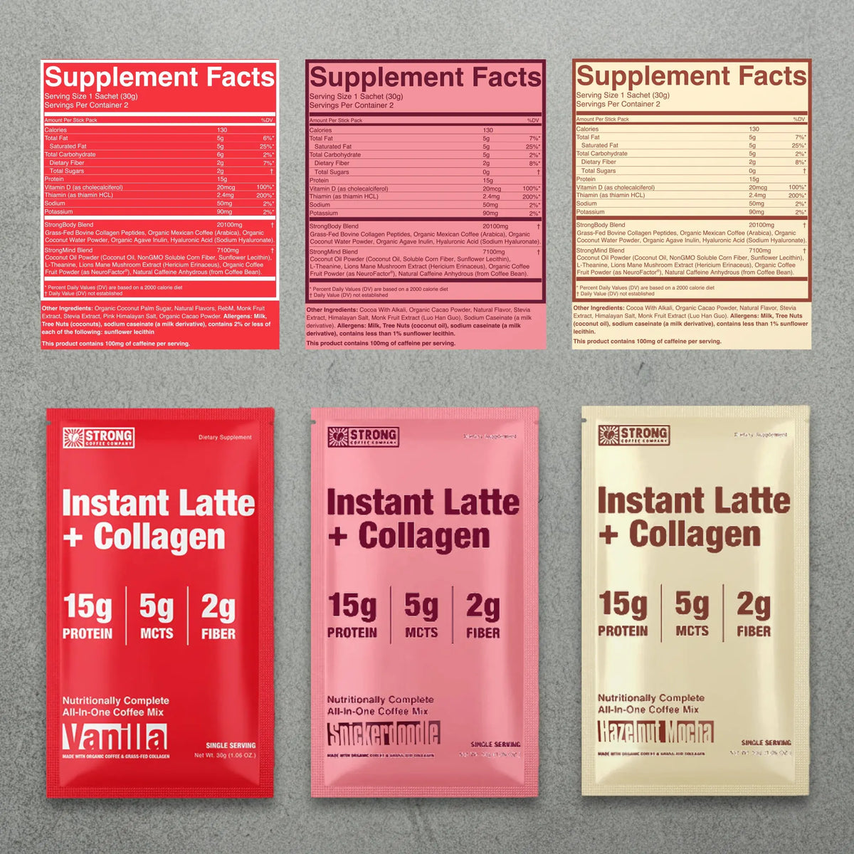 STRONG Coffee Instant Latte plus Collagen single serve sample packets in Vanilla Snickerdoodle and Hazelnut Mocha with 15g protein and supplement facts