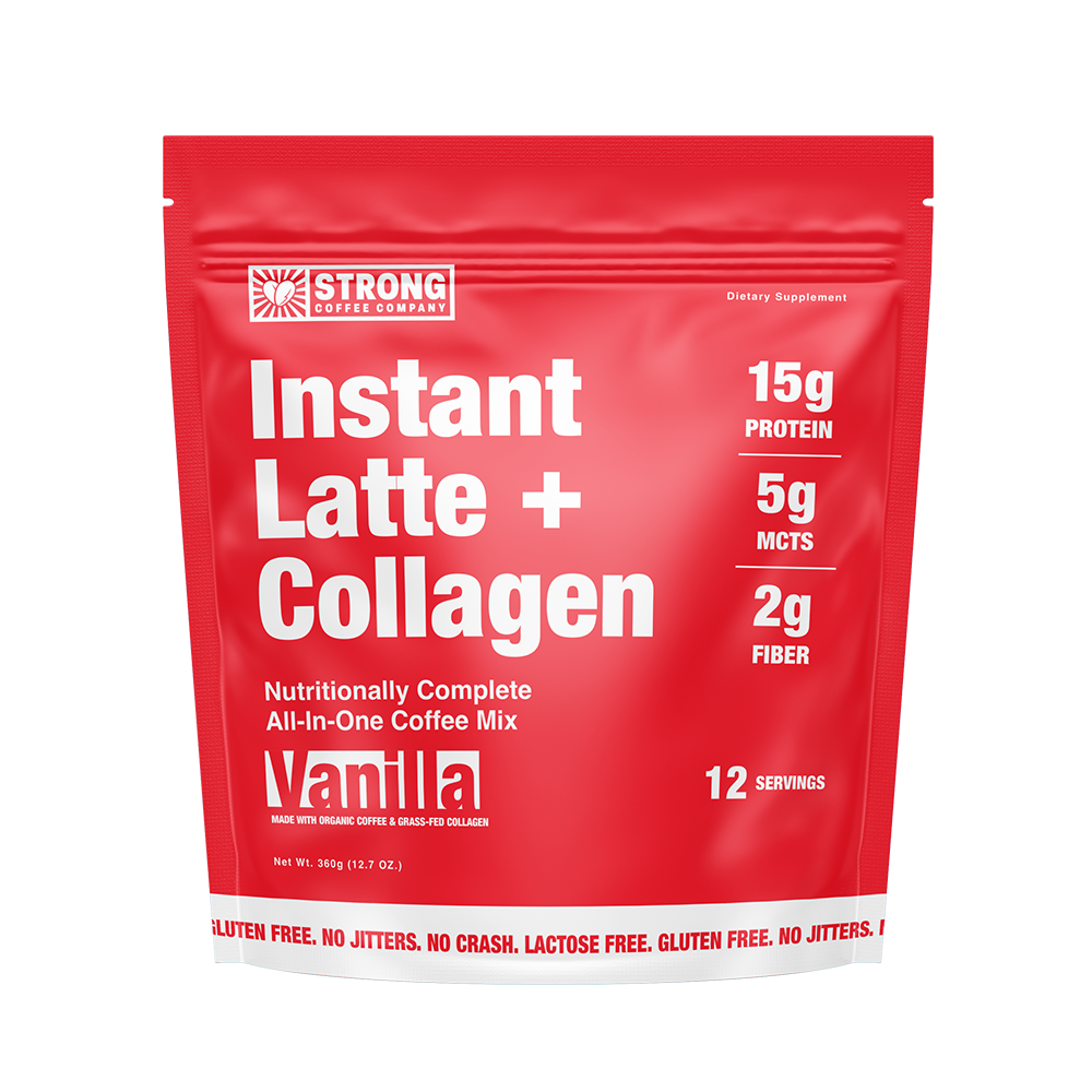 A red package of Strong Coffee Company's Instant Latte + Collagen in vanilla flavor, highlighting 15g of protein, 5g of MCTs, and 2g of fiber per serving with 12 servings included.
