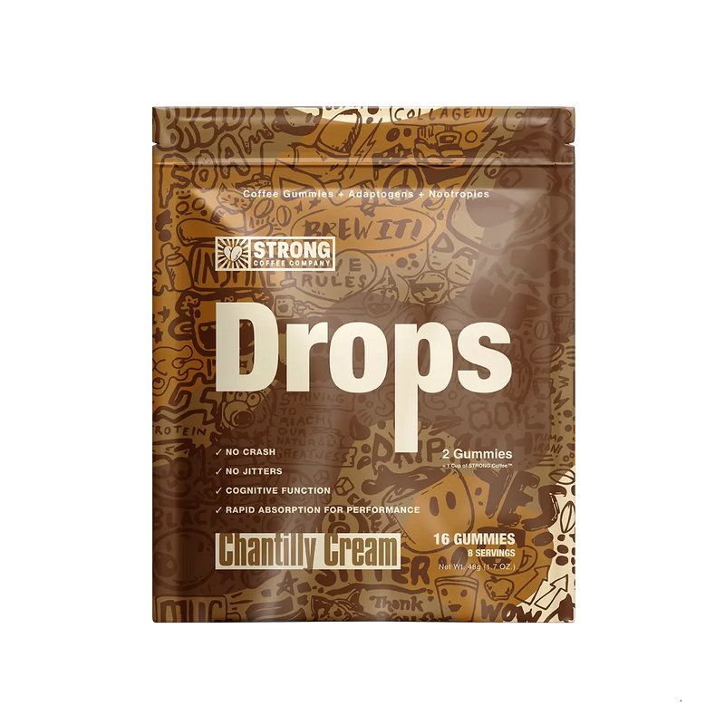 Strong Coffee Company Drops - a pouch of Chantilly Cream flavored Nootropic and Adaptogen coffee gummies.