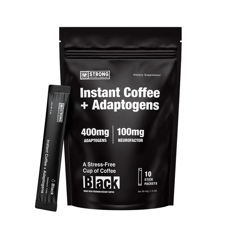 Strong Coffee Company's Black Instant Coffee with adaptogens and Neurofactor, showing the 10-serving pouch and a single serving travel packet.