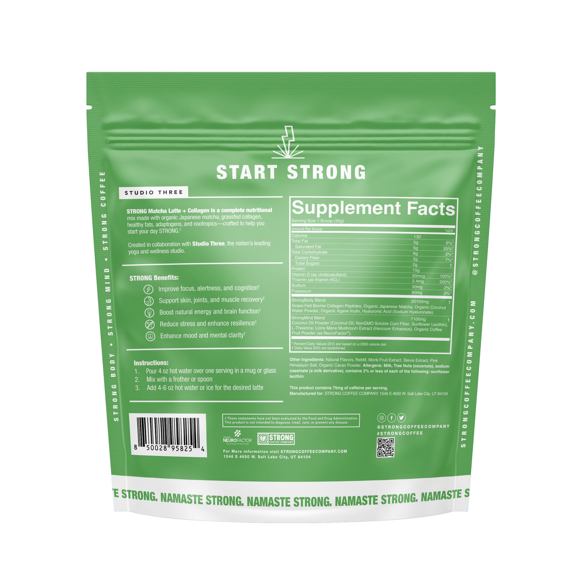Strong Coffee Company's Matcha latte supplement package with 'Start Strong' branding and supplement facts.