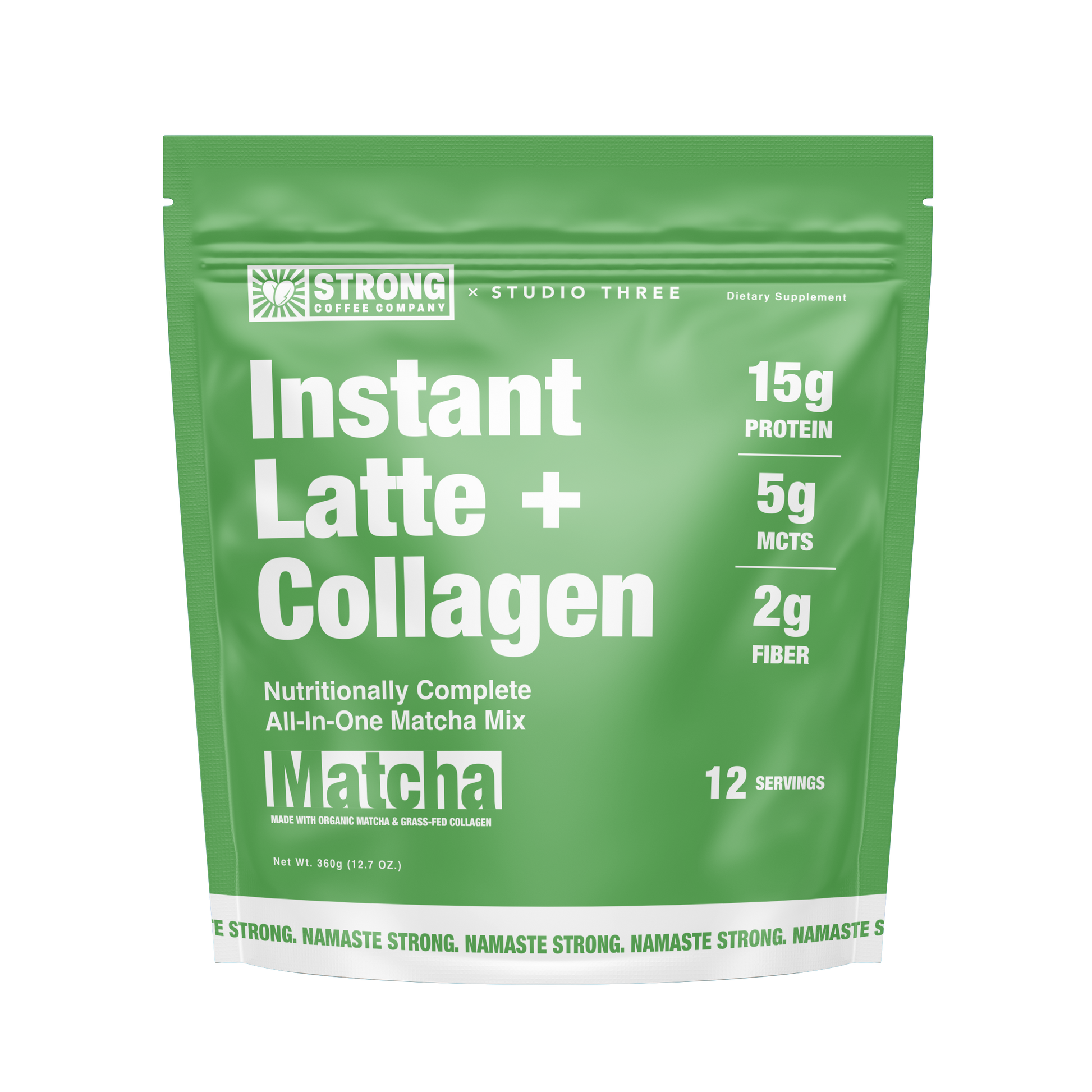 Green package of Instant Latte + Collagen with nutritional information on a white background