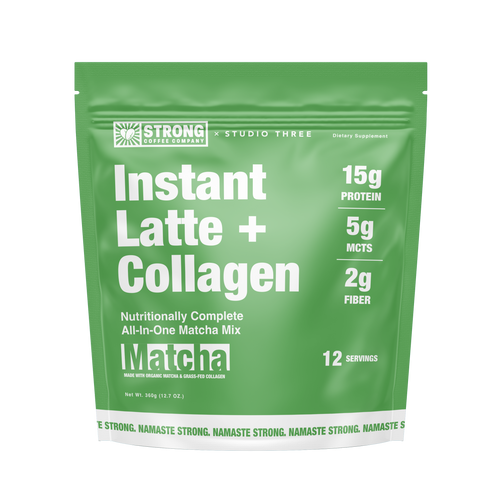 Green package of Instant Latte + Collagen with nutritional information on a white background