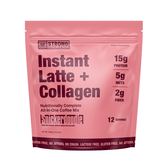 A package of Snickerdoodle flavor Strong Instant Latte + Collagen in pink color with the product details visible.