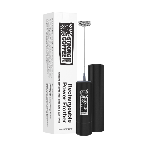 A matte black rechargeable power frother by STRONG COFFEE, with a stainless steel whisk, protective sleeve, and USB charging cable.